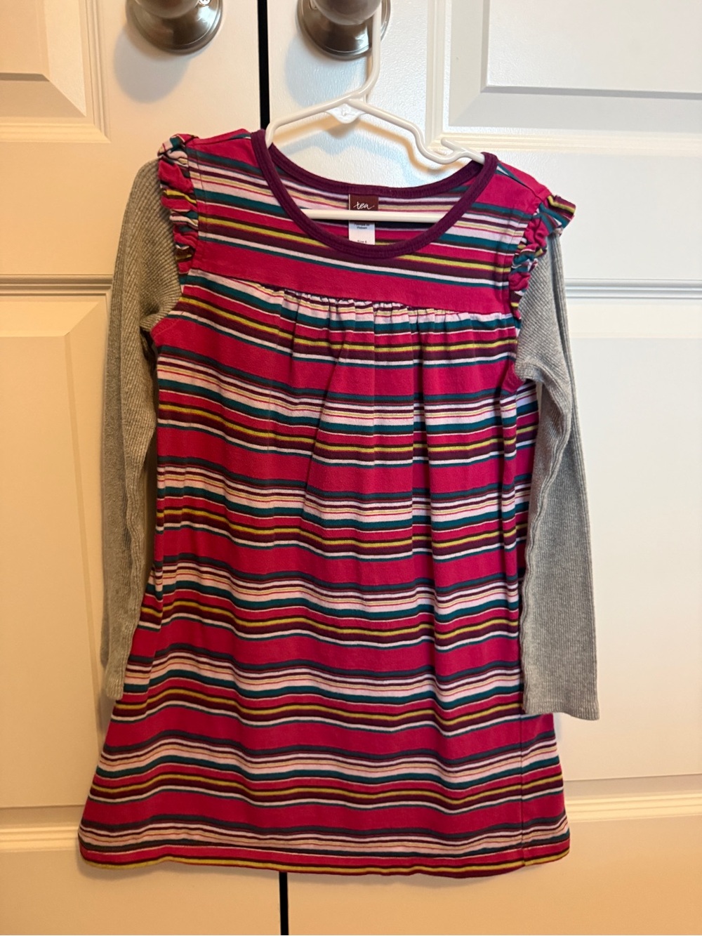 Girls' Striped Pink & Gray Layered-Look Dress